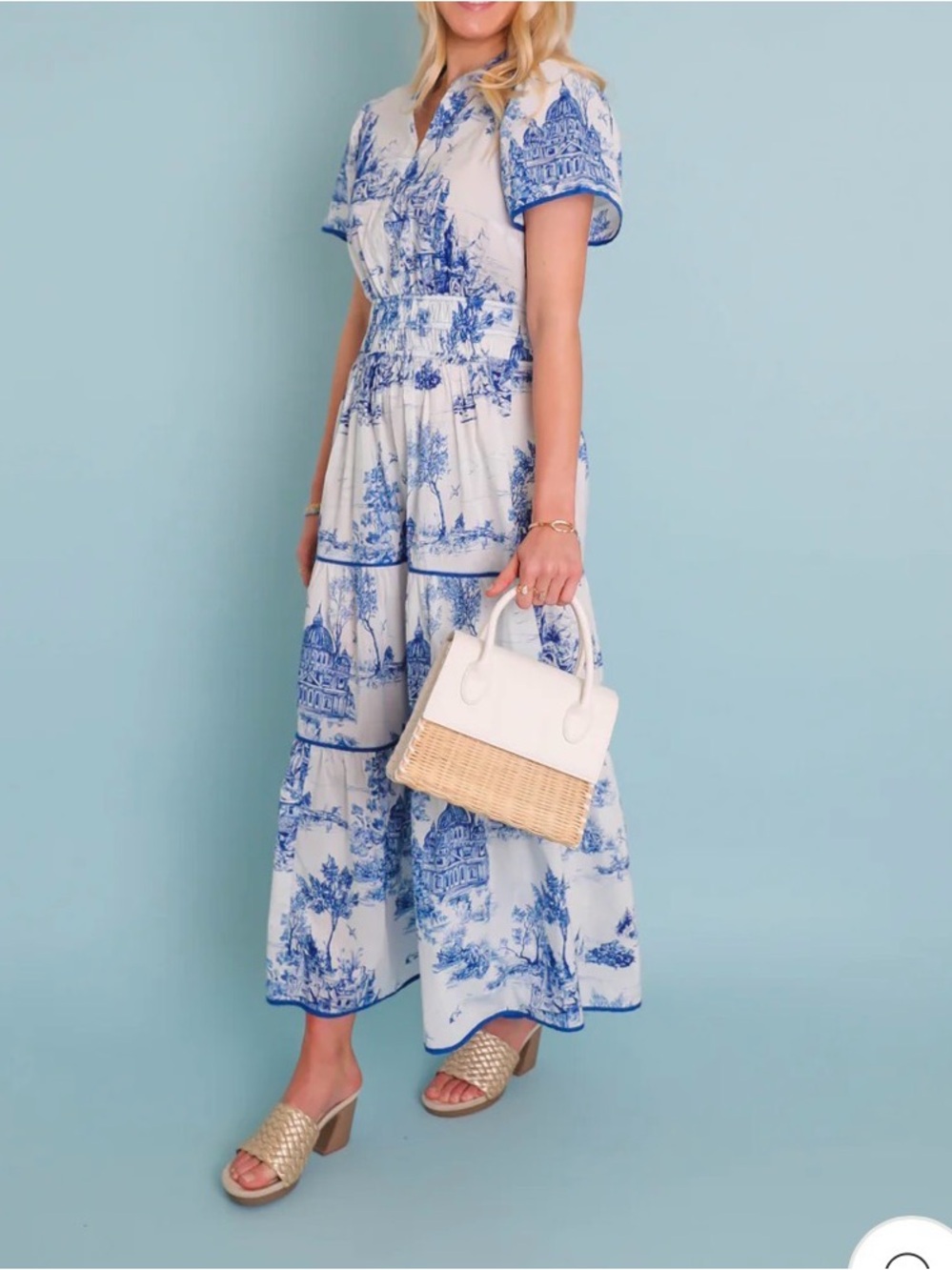 Umgee White Maxi Dress with Pink Toile Print - Picture 4 of 4